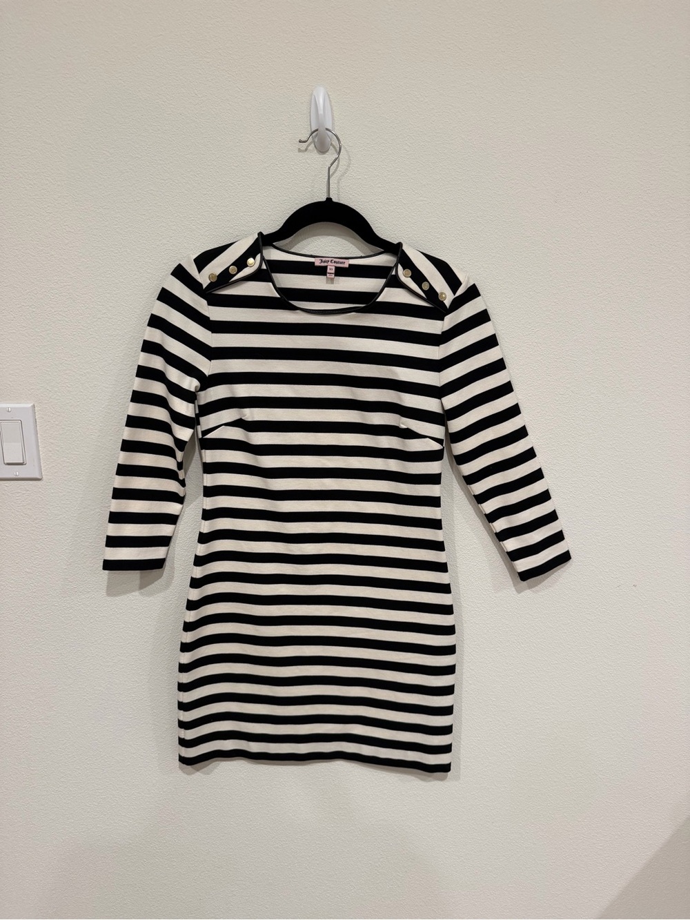 Women’s Juicy Couture Black & White Striped Dress with Button Shoulder Detail